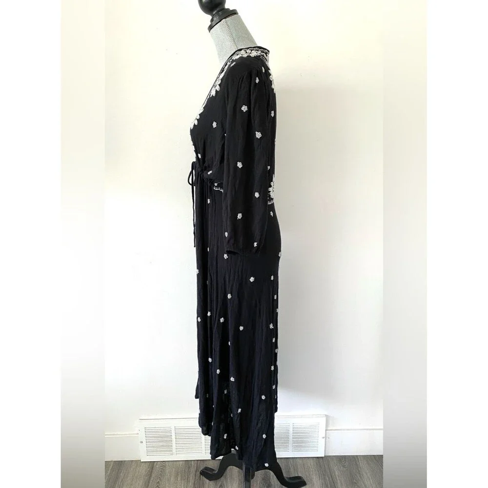 Free People Fable Embroidered V-Neck Midi Dress Sz M Boho Cottagecore Romantic